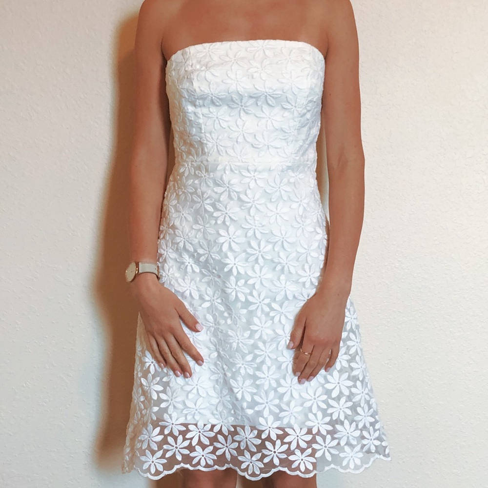 Strapless Badgely Mischka white floral midi dress
